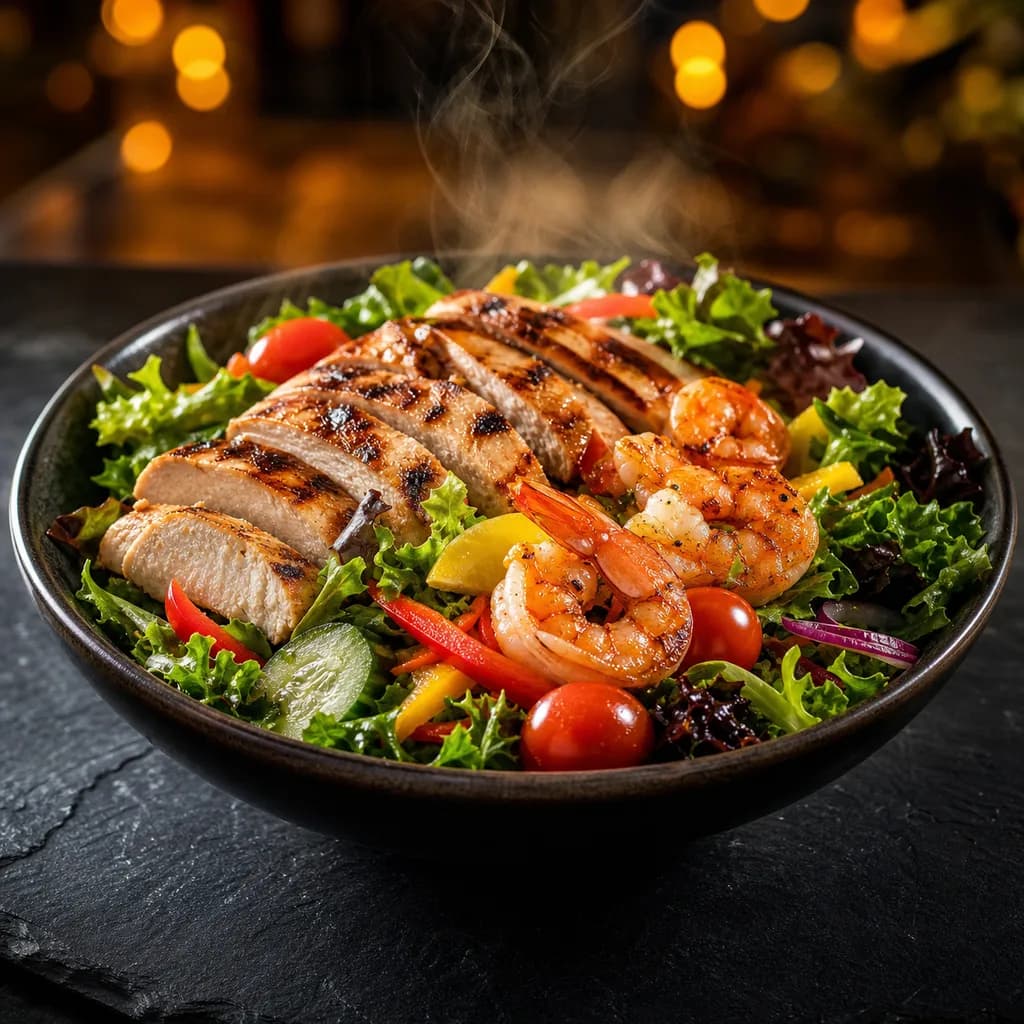 A Fat 2 Fit salad, loaded with fresh greens and a protein of your choice